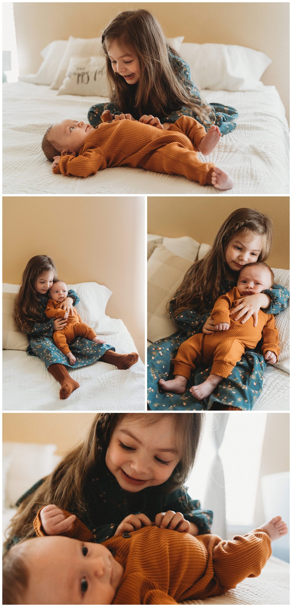 older sister holds baby brother during hin home newborn session with Cherish Harper Photography