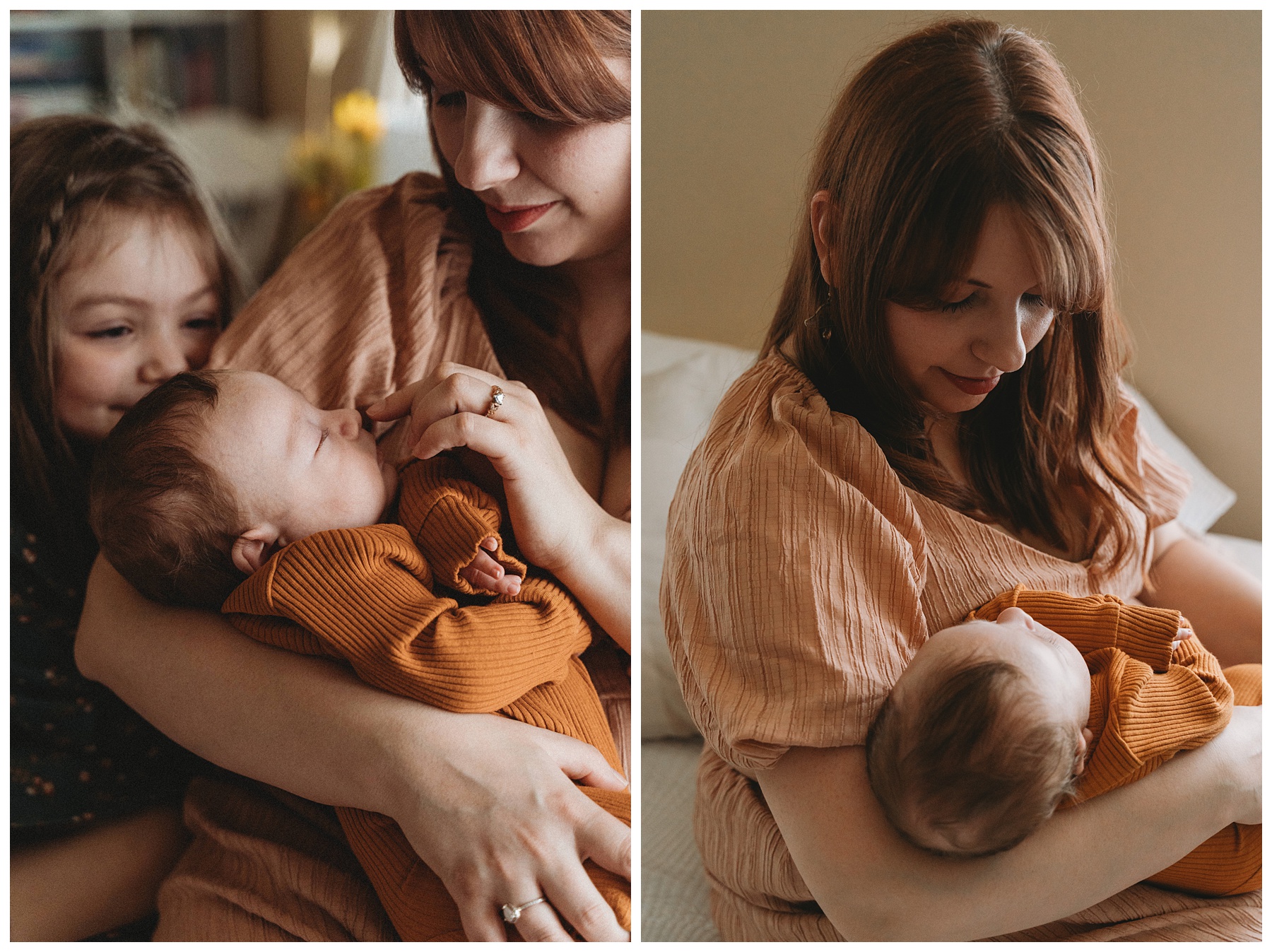 mom, sister, and baby during in home newborn session