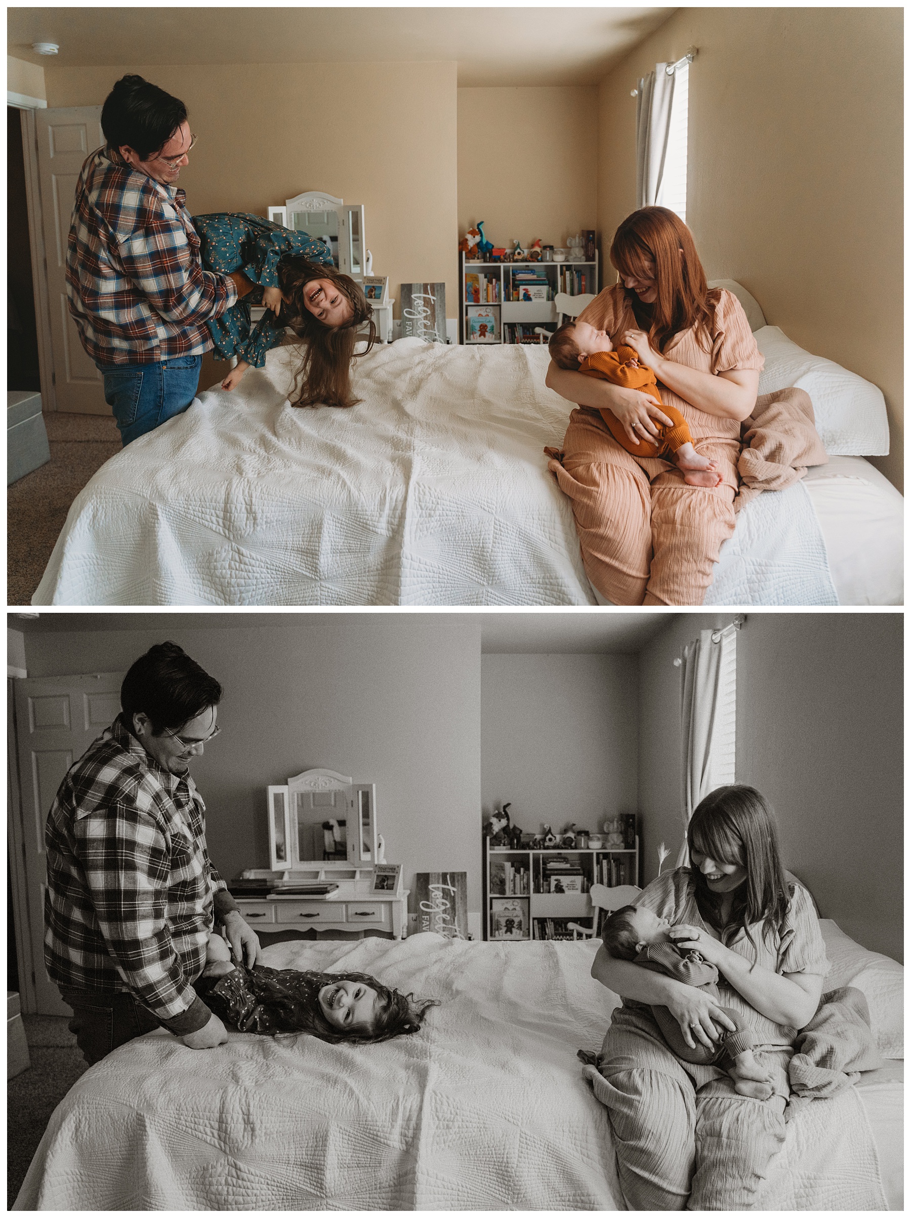 Family playing on bed during rainy day family session at home in Olympia, Washington